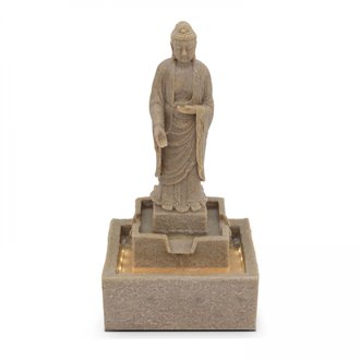 Fontaine Bouddha debout en pierre reconstituée avec LED