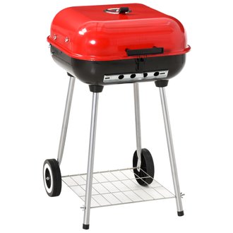 Barbecue à charbon avec couvercle et roulettes acier émaillé rouge