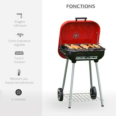 Barbecue à charbon avec couvercle et roulettes acier émaillé rouge - 01-0569 - 3662970004333