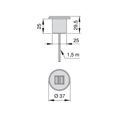 Emuca Connecteur rond, à encastrer au meuble, 2 ports USB, D. 37 mm, Plastique, Gris métallisé, 1 ut. - 5070625 - 8432393002156