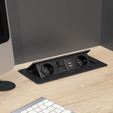 Emuca Multi-connecteur de table, 2 USB + 1 HDMI + 2 prises EU, 265x120mm, Acier et aluminium, Noir - 5029514 - 8432393130002