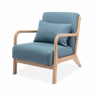 Fauteuil design en bois et tissu. 1 place droit fixe. pieds compas scandinave. assise confortable. structure en bois solide.