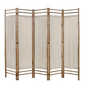 Paravent séparateur de pièce cloison de séparation décoration meuble pliable 5 panneaux bambou et toile 200 cm 0802098