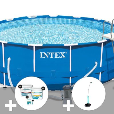 Kit piscine tubulaire Intex Metal Frame ronde 4,57 x 1,22 m + Kit de traitement au chlore + Douche solaire - 17495 - 7061259839059