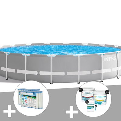 Kit piscine tubulaire Intex Prism Frame ronde 6,10 x 1,32 m + 6 cartouches de filtration + Kit de traitement au chlore - 23676 - 7061289406610