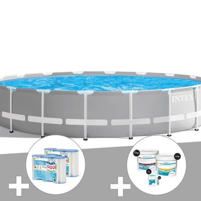 Kit piscine tubulaire Intex Prism Frame ronde 5,49 x 1,22 m + 6 cartouches de filtration + Kit de traitement au chlore - 23653 - 7061282611295