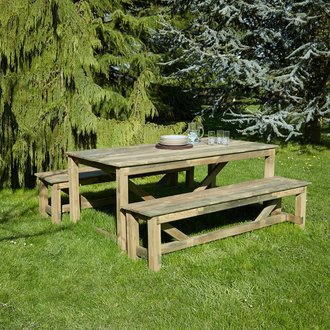 Salon de jardin avec bancs en bois Normand - 6 places