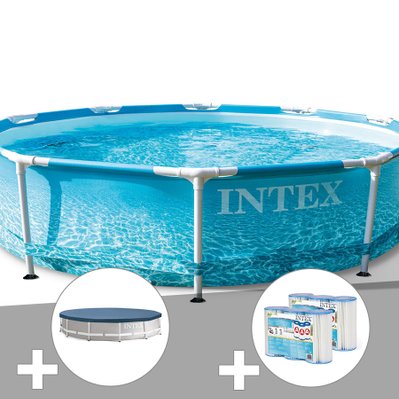 Kit piscine tubulaire Intex Metal Frame Ocean ronde 3,05 x 0,76 m + Bâche de protection + 6 cartouches de filtration - 29586 - 3665872012420