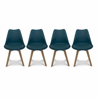 Lot de 4 chaises scandinaves. pieds bois de hêtre. fauteuils 1 place. bleu canard