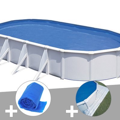 Kit piscine acier blanc Gré Fidji ovale 7,44 x 3,99 x 1,22 m + Bâche à bulles + Tapis de sol - 17907 - 7061251829034