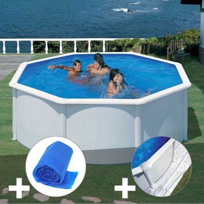Kit piscine acier blanc Gré Fidji ronde 3,70 x 1,22 m + Bâche à bulles + Tapis de sol - 18051 - 7061256213371