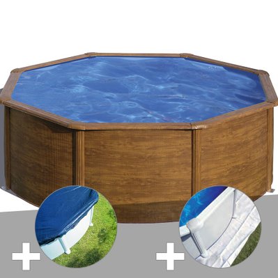 Kit piscine acier aspect bois Gré Sicilia ronde 3,70 x 1,22 m + Bâche hiver + Tapis de sol - 18306 - 7061258292268