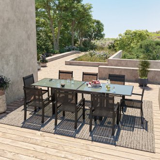 Table de jardin extensible aluminium 140/280cm + 8 fauteuils textilène Noir - HARA XL