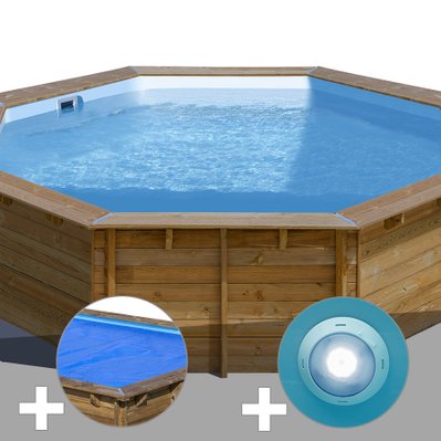 Kit piscine bois Gré Violette Ø 5,00 x 1,27 m + Bâche à bulles + Spot - 20674 - 7061282199328