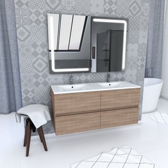 Ensemble Meuble de salle de bain 120cm suspendu a 2 tiroirs + vasque ceramique + miroir led