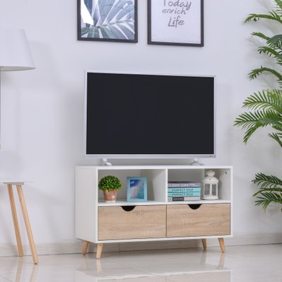 Meuble TV bas sur pieds style scandinave 2 tiroirs coloris chêne clair blanc - 831-289 - 3662970065495