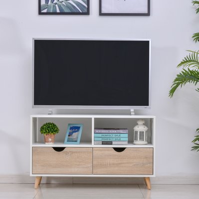 Meuble TV bas sur pieds style scandinave 2 tiroirs coloris chêne clair blanc - 831-289 - 3662970065495