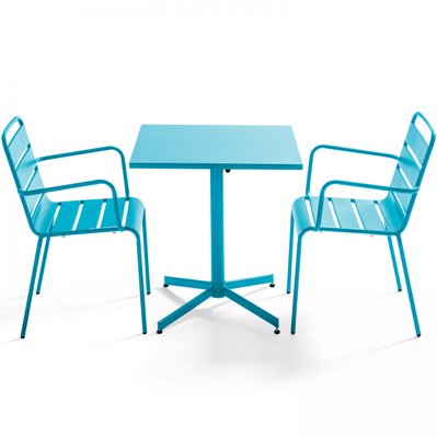 Ensemble table de jardin carrée et 2 fauteuils métal bleu 70 x 70 x 72 cm - 105392 - 3663095031341