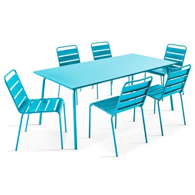 Palavas - Table de jardin et 6 chaises en métal bleu - 105017 - 3663095028228