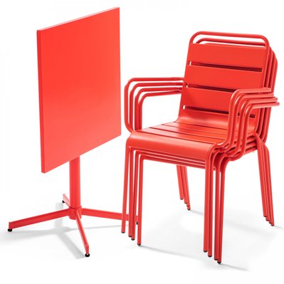 Palavas - Table de jardin et 4 fauteuils en métal rouge - 105397 - 3663095031396