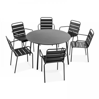 Ensemble table de jardin ronde et 6 fauteuils acier gris 120 x 72 cm - 104220 - 3663095019936