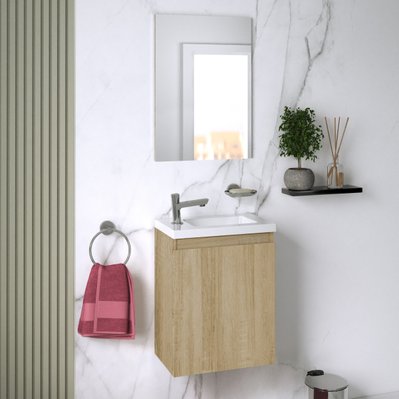 Ensemble meuble lave-mains avec miroir PORTO PACK - couleur chêne - L40 x H51 x P25 cm - 824142 - 3588560362792