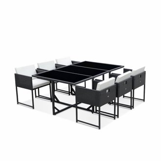 Table de jardin en résine 6 places – FIRENZE 6 – coloris noir. coussins blancs. table encastrable
