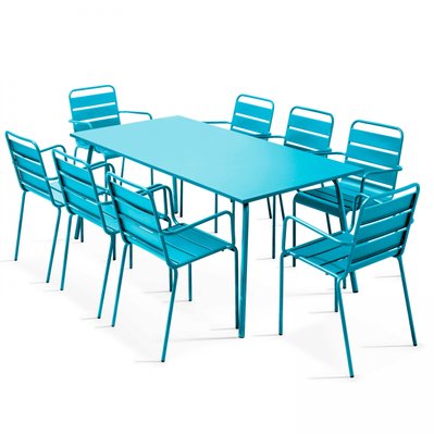 Ensemble table de jardin et 8 fauteuils en métal bleu 180 x 90 x 72 cm - 103637 - 3663095015280