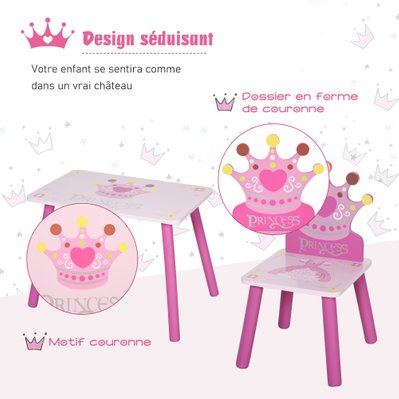 Ensemble table et chaises enfant design princesse couronne bois pin MDF rose - 312-015 - 3662970073957