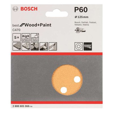 5 Disques abrasifs C470 BOSCH pour ponceuses excentriques Ø 125 mm Best for Wood and Paint 8 trous - 2608605068 - 3165140158855