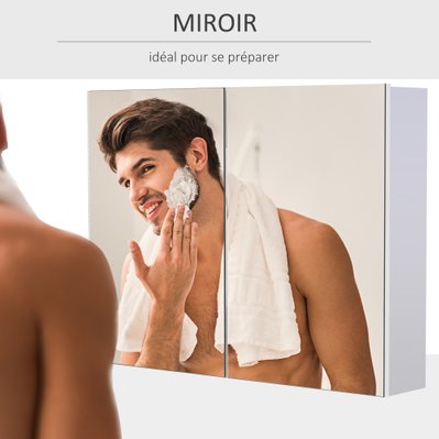 Armoire miroir de salle de bain 2 portes et étagères MDF blanc - 834-044 - 3662970065044