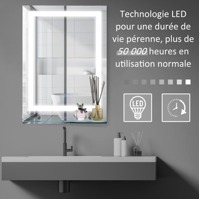 Miroir lumineux LED 22 W interrupteur tactile + étagère 50L x 70H cm - 834-138 - 3662970030066