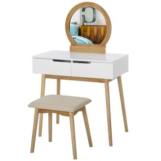 Coiffeuse design scandinave miroir, 2 tiroirs et tabouret blanc pin clair