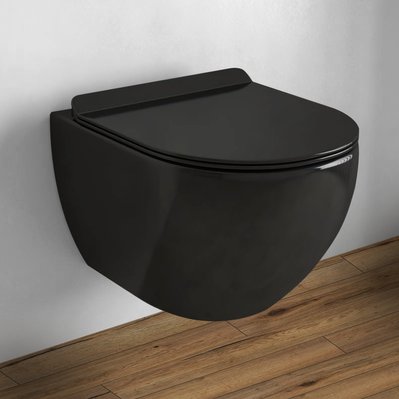 CONFORT - WC Noir Brillant suspendu sans bride avec fixations invisibles + abattant ultra fin déclipsable + frein de chute - 2648 - 9509888359466