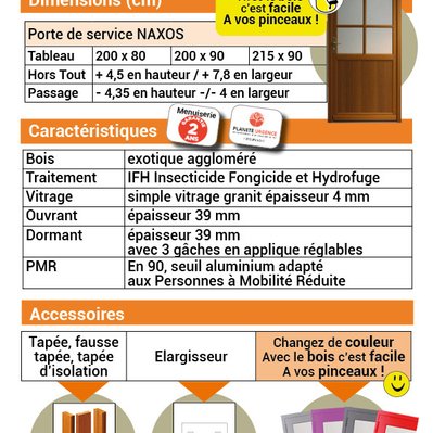 PORTE DE SERVICE EN BOIS   MODELE 'NAXOS' 200X80 POUSSANT DROITE (cotes tableau) - 65 - 3660270010238
