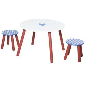 Ensemble table et chaises enfant - table ronde + 2 tabourets - bois pin MDF bleu blanc