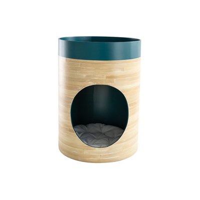 Niche design pour chat et chien en bambou laquée bleu canard YUCCA - 48882 - 3662275116977