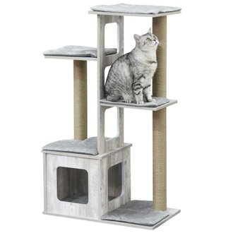Arbre à chats design griffoirs sisal naturel niche plate-formes 6 coussins MDF bois gris