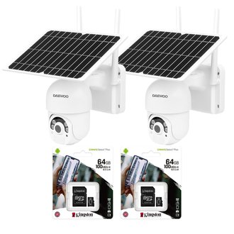 DAEWOO Pack de 2 caméras extérieures rotatives solaires W505M avec cartes SD 64 Go | Full HD | Vision nocturne en couleur