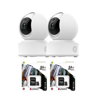 DAEWOO Pack de 2 caméras intérieures rotatives avec cartes SD 64 Go | Full HD | Détection de mouvement | Vision nocturne | Audio - IP501P2SD - 3760285861785