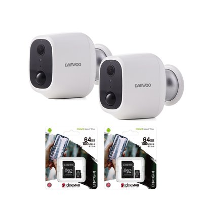 DAEWOO Pack de 2 caméras intérieures/extérieures batterie W501 avec cartes SD 64Go | Full HD | Détection de mouvement | Vision n - W501P2SD - 3760285861761