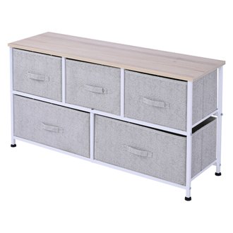 Commode 5 tiroirs non-tissés gris structure métal blanc plateau aspect bois clair