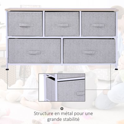 Commode 5 tiroirs non-tissés gris structure métal blanc plateau aspect bois clair - 831-252 - 3662970083680