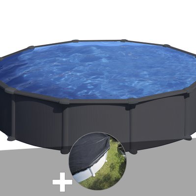 Kit piscine acier gris anthracite Gré Juni ronde 5,70 x 1,32 m + Bâche d'hivernage - 29865 - 3665872010105