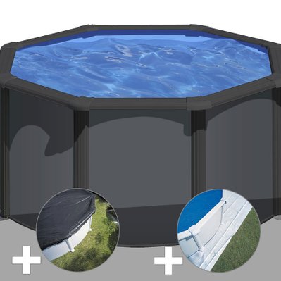 Kit piscine acier gris anthracite Gré Louko ronde 2,60 x 1,22 m + Bâche d'hivernage + Tapis de sol - 29910 - 3665872009345