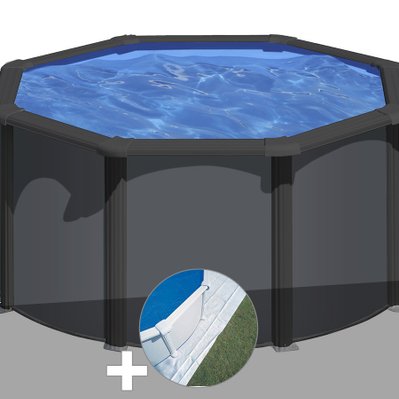 Kit piscine acier gris anthracite Gré Louko ronde 2,60 x 1,22 m + Tapis de sol - 29915 - 3665872010082