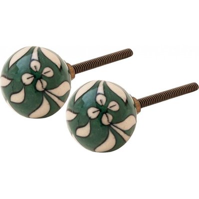 Boutons de porte en céramique verte motif fleurs (Lot de 2) - 30016 - 4055627127834