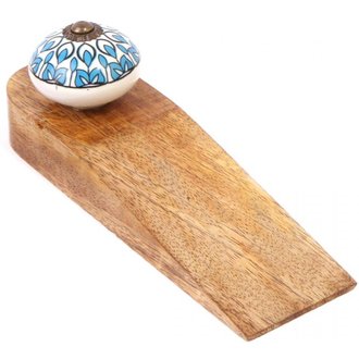 Bloc porte en bois de manguier avec bouton en grès Paon Modèle 4