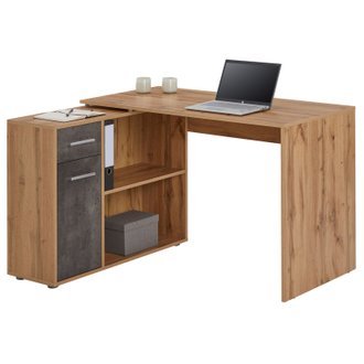 Bureau d'angle ISOTTA avec meuble de rangement, décor chêne sauvage et béton foncé