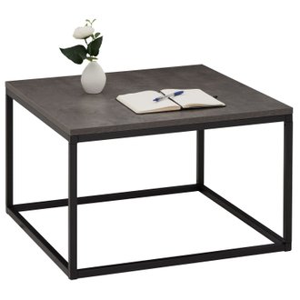 Table basse carrée HADES, cadre en métal noir et plateau en mélaminé décor béton foncé